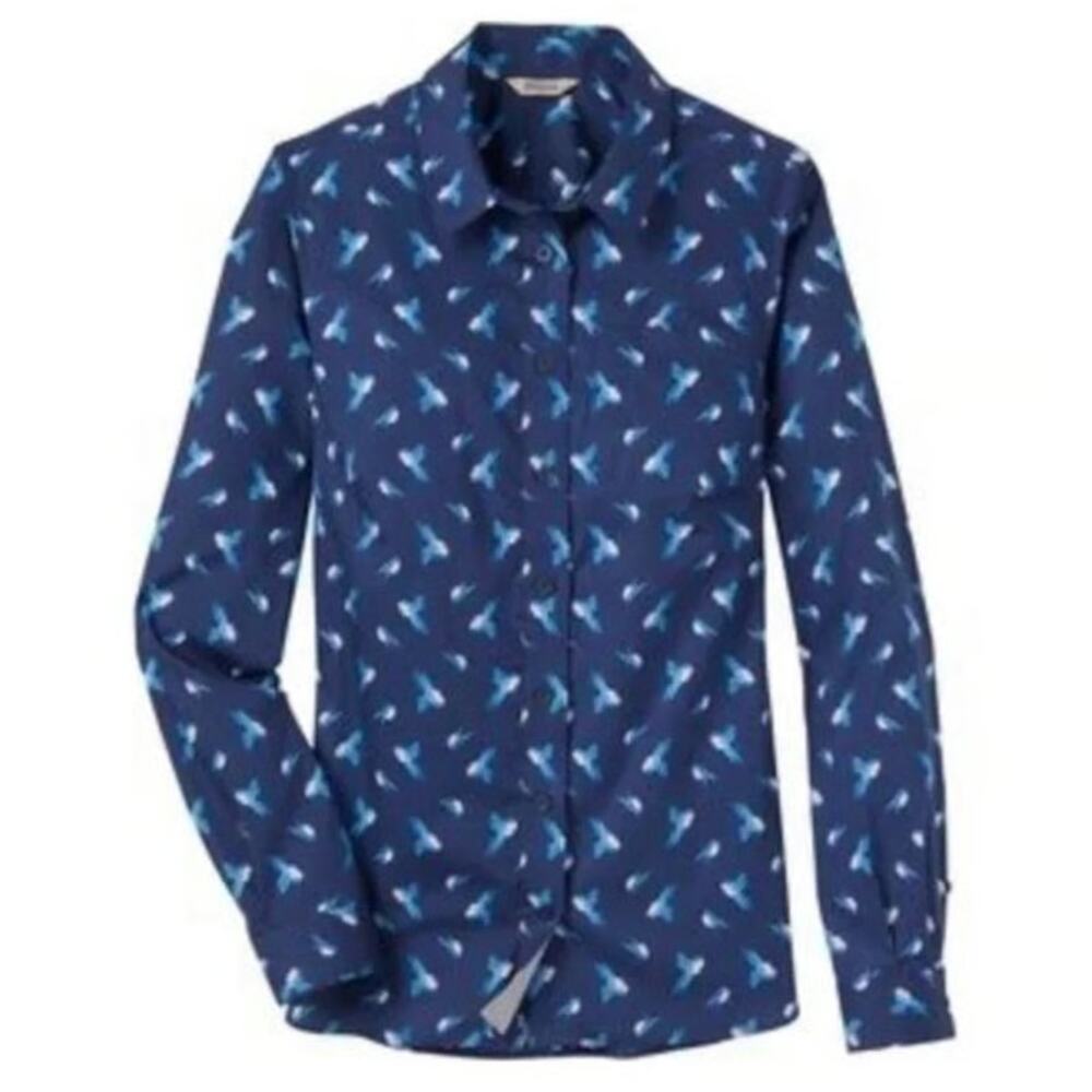 NWT Duluth Trading Wrinklefighter Button Up Shirt XS Blue Bird Print Long Sleeve